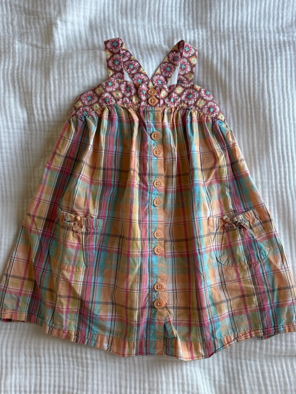 Cherokee Multicolor Plaid Sundress with Floral Yoke